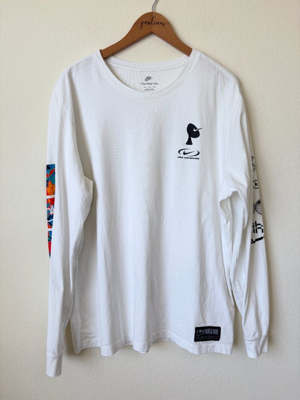 Nike Worldwide Shirt Mens XXL White Graphic Long Sleeve Globe Logo Streetwear